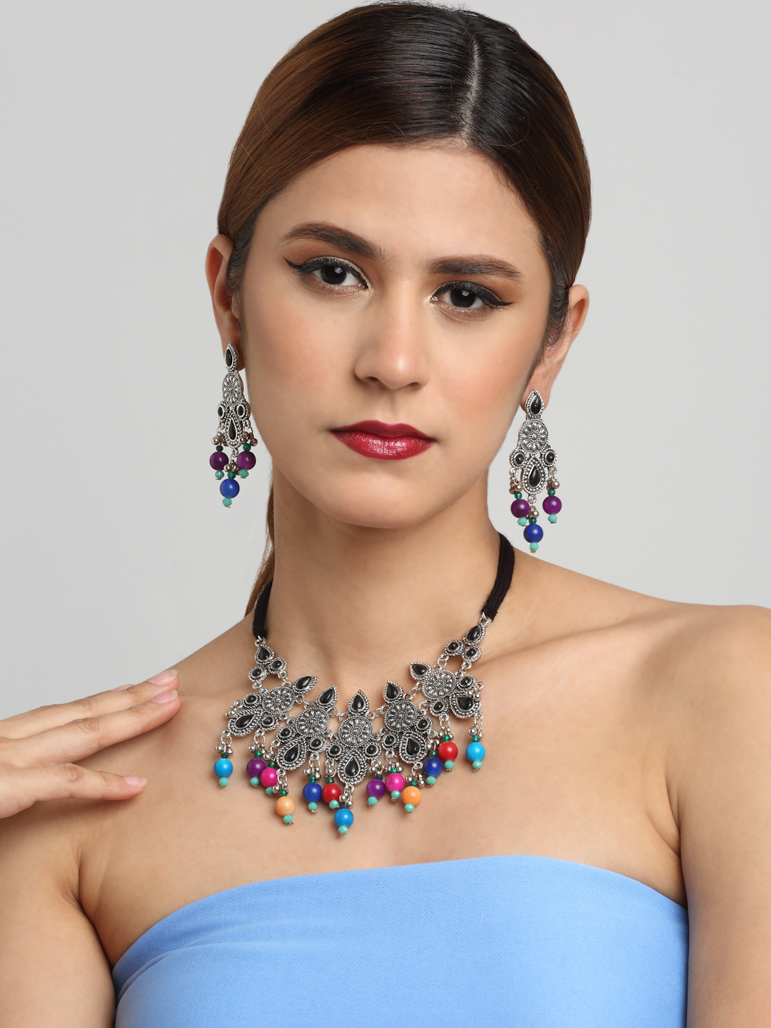 YouBella Jewellery Oxidised Silver Necklace Jewellery Set with Earrings for Girls and Women (Multi) (YBNK_50516)